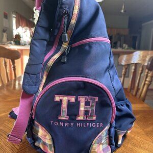 Vintage Tommy Hilfiger Women's Blue/ Pink Plaid Full Size Sling Backpack